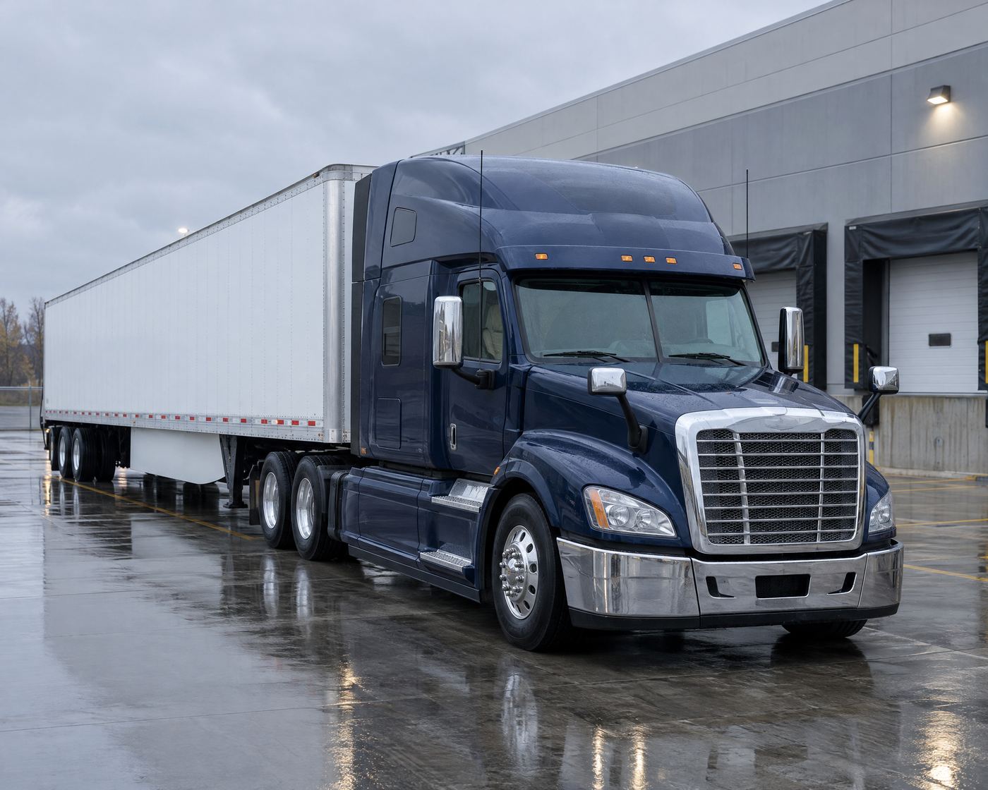 A navy highway tractor coupled to a white dry-van trailer at a distribution centre loading dock