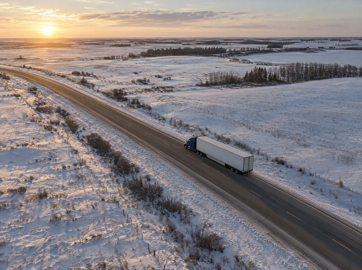 Aerial view of a tractor-trailer on a prairie highway through snow-covered fields at sunset
